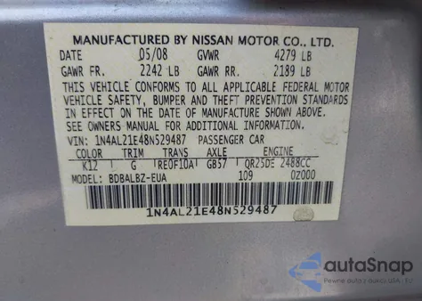 2008 Nissan Altima 2.5 S from USA, damaged, VIN 1N4AL21E48N529487